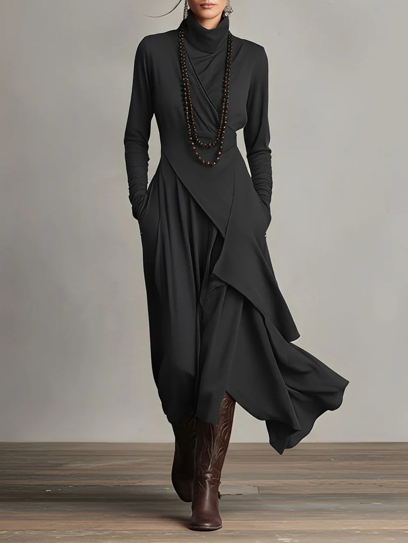 Women's flowy maxi dress with high neckline, available in multiple colors