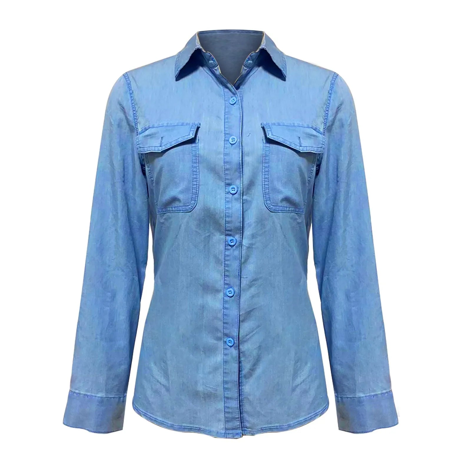 Women denim shirt classic fit in blue, cotton button-up top