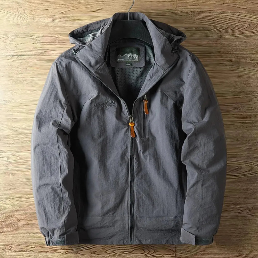Men waterproof hooded rain jacket lightweight full-length zipper