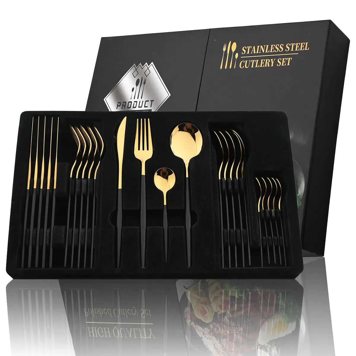 Cutlery set 24 piece stainless steel with gold accent, black white and rose handles