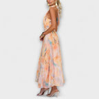 Women watercolor print halter maxi dress flowing silhouette peach