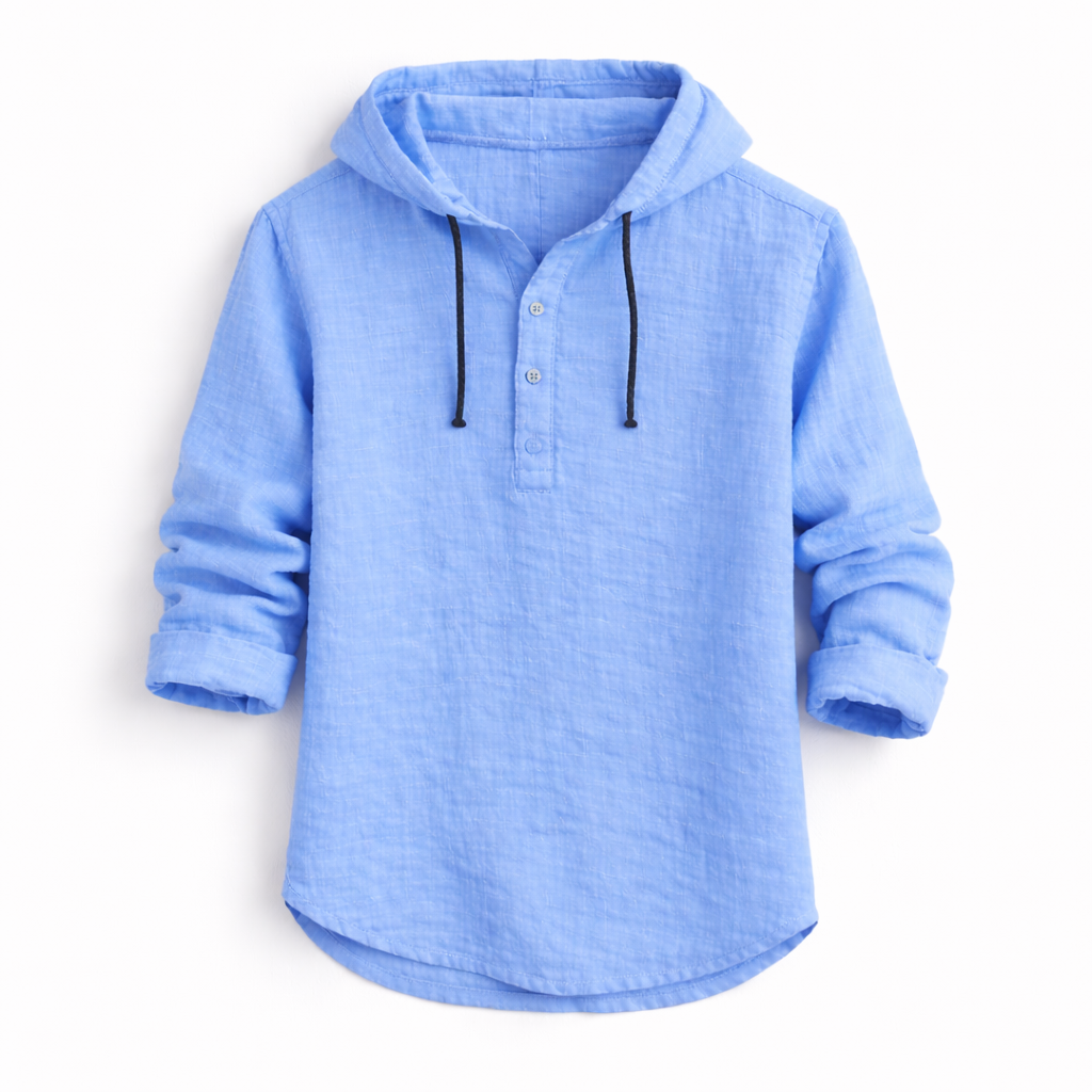 Men's linen shirt relaxed fit with adjustable drawstring hood, lightweight breathable