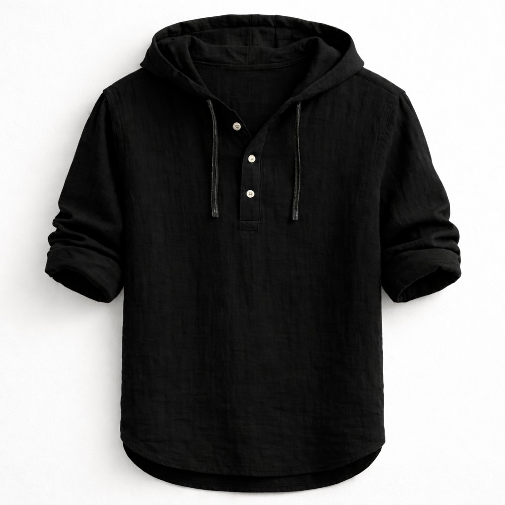 Men's linen shirt relaxed fit with adjustable drawstring hood, lightweight breathable
