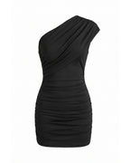 Mini Dress Women One Shoulder Ruched Fitted Asymmetric Neckline