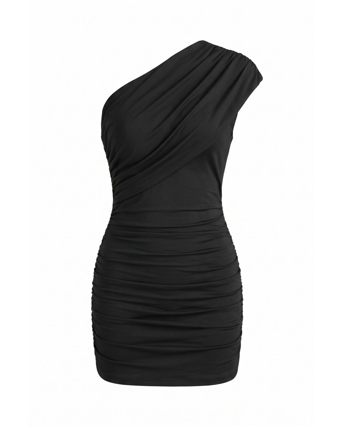 Mini Dress Women One Shoulder Ruched Fitted Asymmetric Neckline