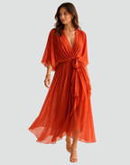 Women's maxi wrap dress with V-neckline and flowing full-length silhouette, summer style