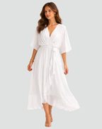 Women's maxi wrap dress with V-neckline and flowing full-length silhouette, summer style