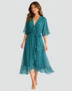 Women's maxi wrap dress with V-neckline and flowing full-length silhouette, summer style