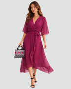 Women's maxi wrap dress with V-neckline and flowing full-length silhouette, summer style