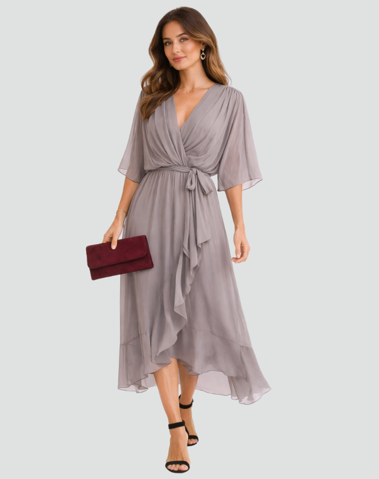Women's maxi wrap dress with V-neckline and flowing full-length silhouette, summer style