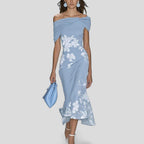Midi dress with fitted silhouette, floral details and flared ruffle hem