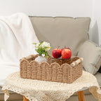 Boho woven storage basket with fan edge, natural fibre, rectangular, 35.5x16x10cm