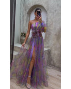 Evening maxi dress one-shoulder with floral appliqué and high leg slit