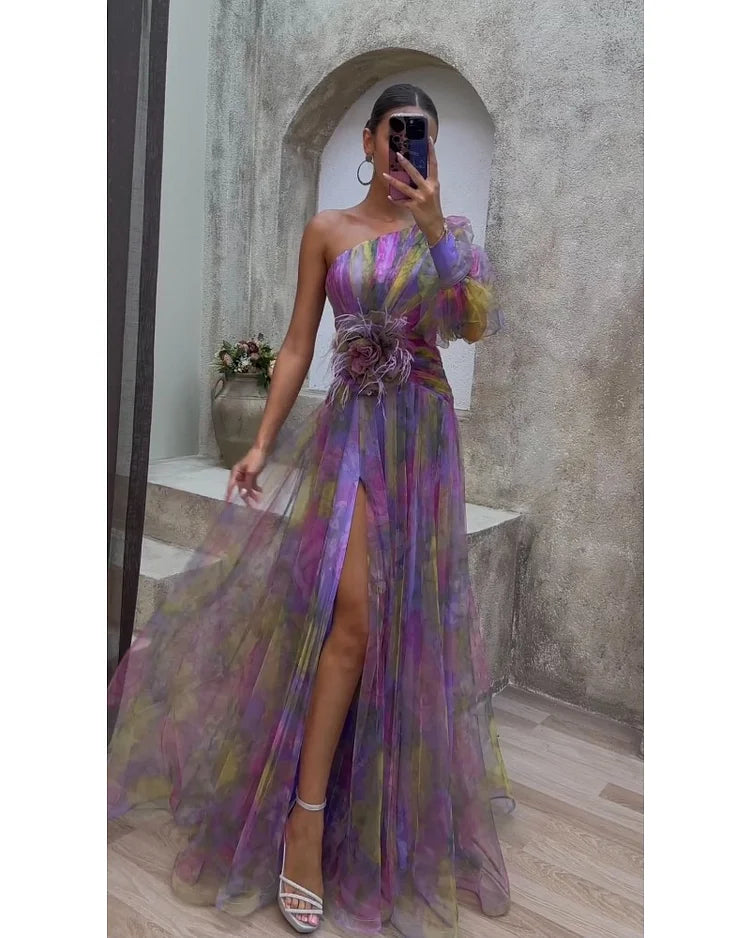 Evening maxi dress one-shoulder with floral appliqué and high leg slit