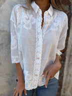 Women lace embroidered blouse in white, delicate floral embroidery feminine top