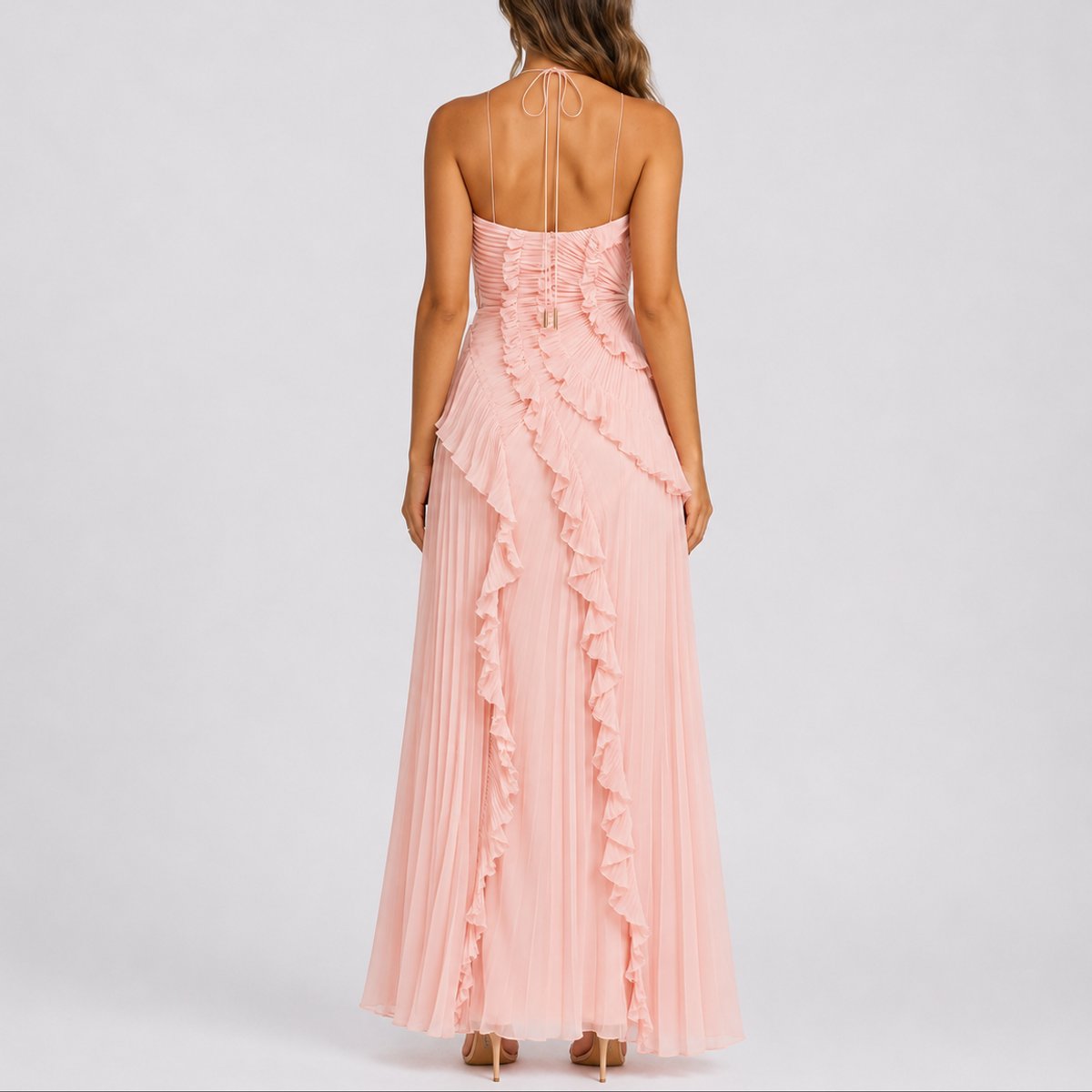 Women halter neck ruffle maxi dress with high low hem in flowing fabric