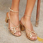 Women's gold square heel sandals with slim ankle strap, summer evening heels
