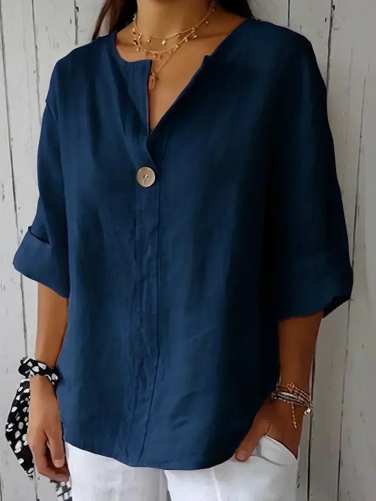 Women's lightweight V-neck blouse loose fit summer top with button detail