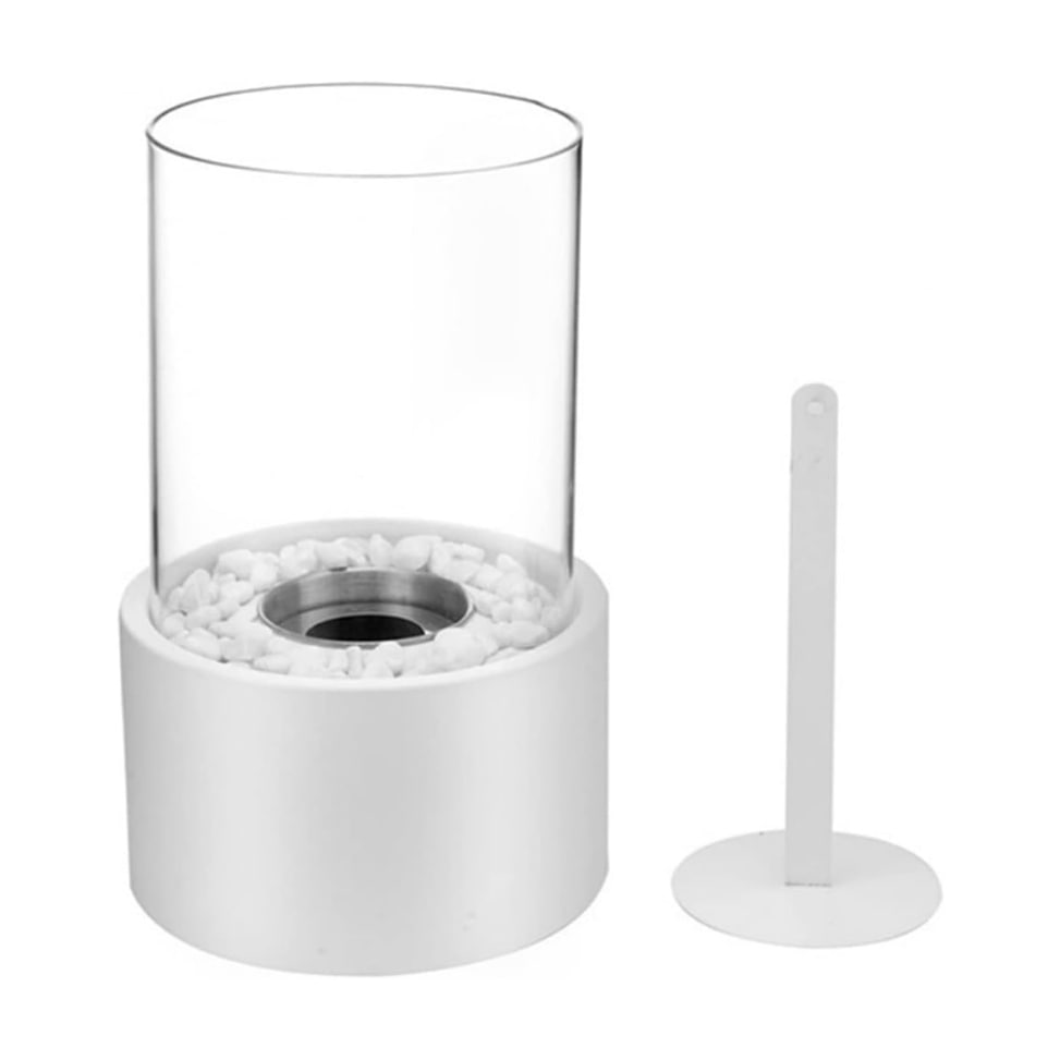 Decorative ethanol oil lamp with metal frame, glass cylinder, and decorative stones, indoor and outdoor