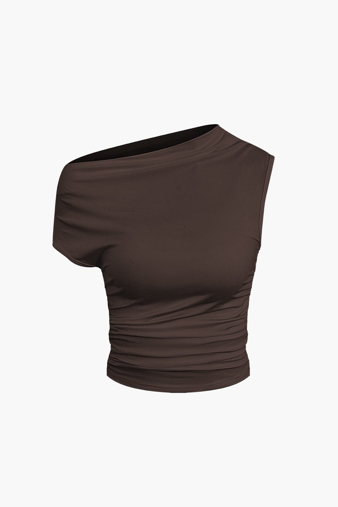 Women's two-piece set with one-shoulder top and draped mini skirt, asymmetric knot detail