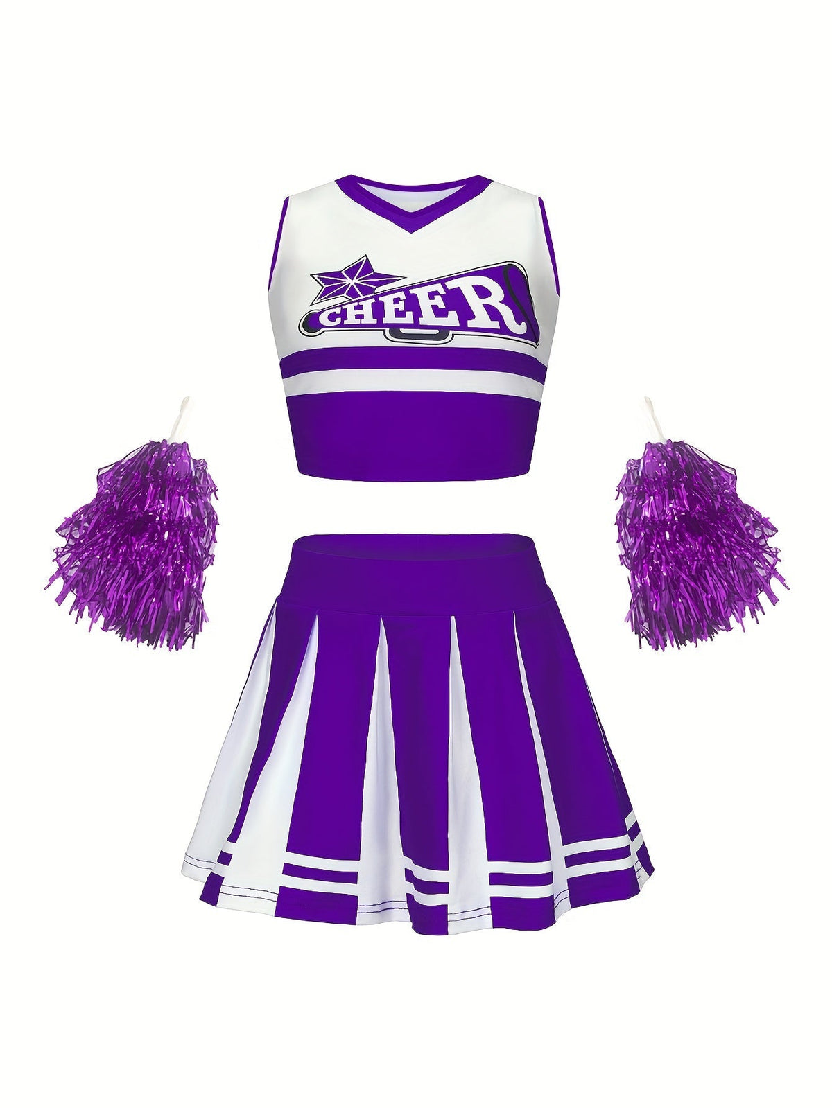 Kids cheerleading set with sleeveless top, skirt and pom-poms for girls