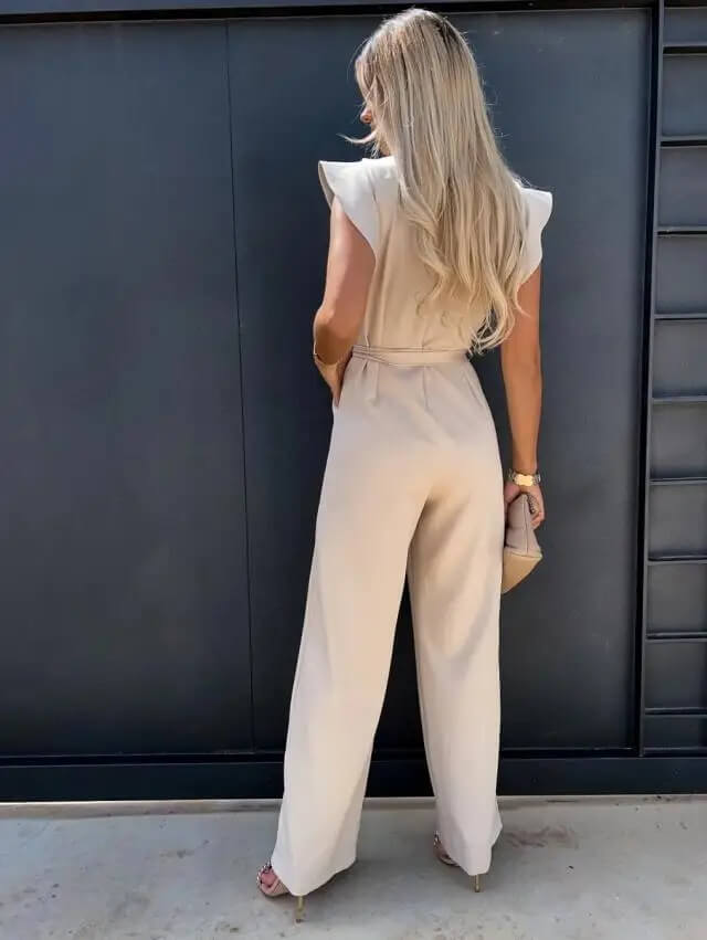 Women's wide leg jumpsuit with butterfly sleeves and belt, elegant summer one-piece
