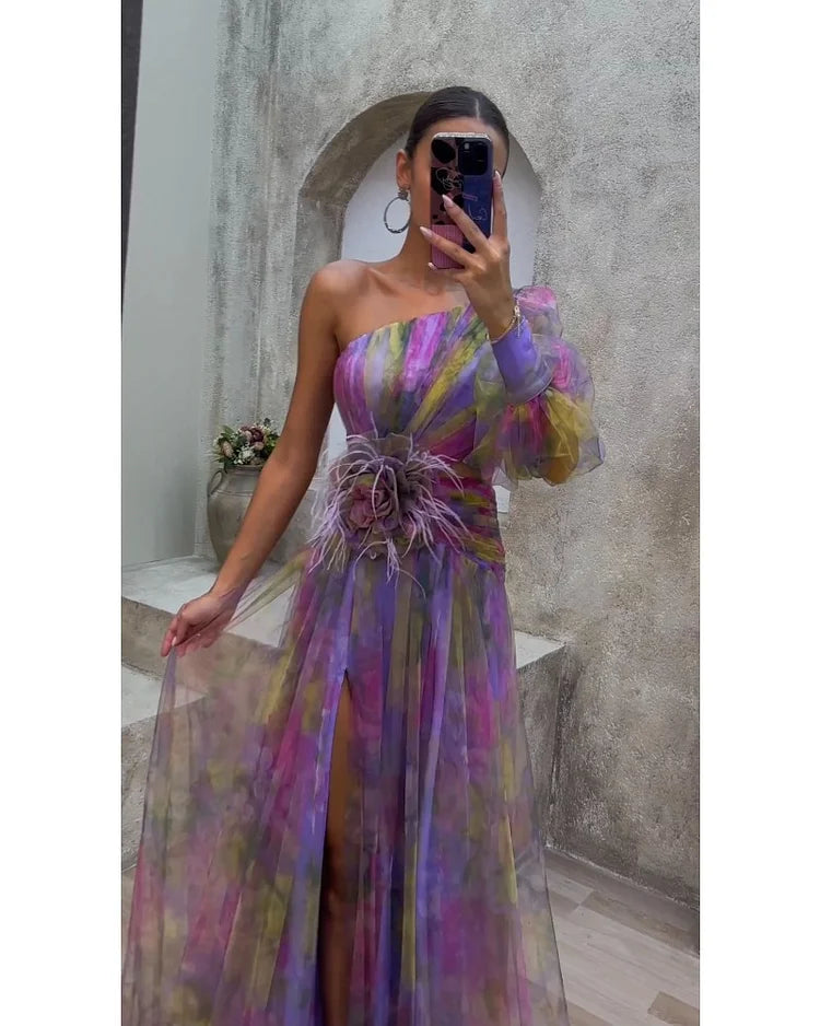 Evening maxi dress one-shoulder with floral appliqué and high leg slit