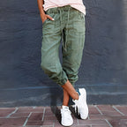Women cargo pants relaxed fit with multi-pocket design and elastic ankle cuffs