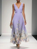 Women's floral print wedding guest dress, A-line V-neck flowing silhouette
