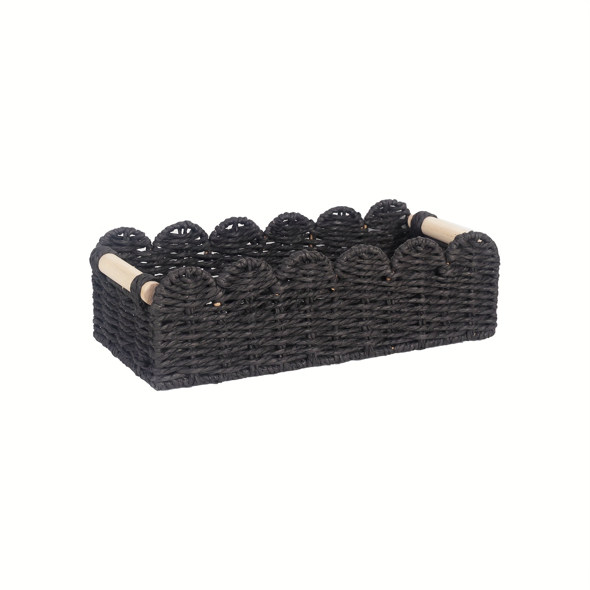 Boho woven storage basket with fan edge, natural fibre, rectangular, 35.5x16x10cm