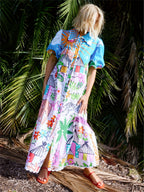 Women's midi dress tropical print, lapel neckline, adjustable waist tie, summer