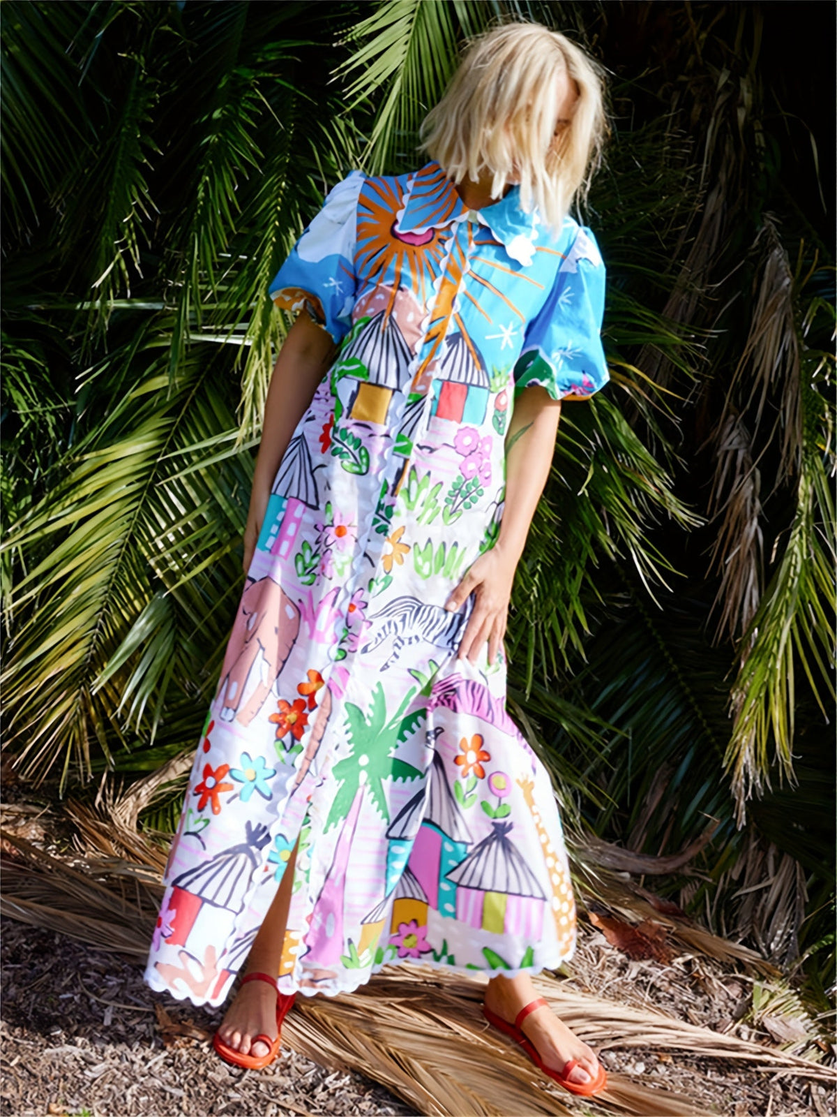 Women's midi dress tropical print, lapel neckline, adjustable waist tie, summer
