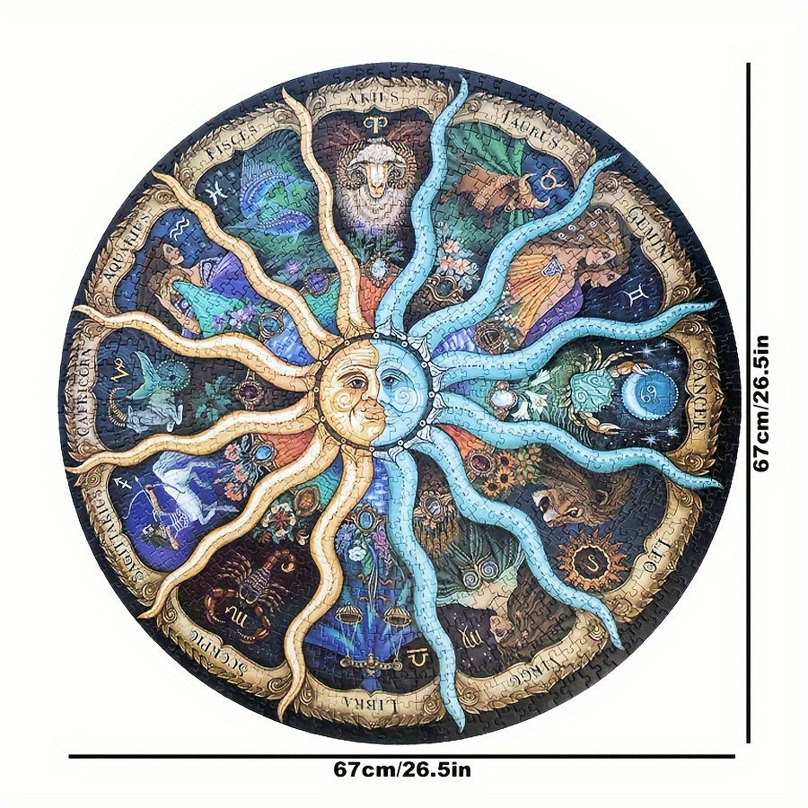 1000-piece round zodiac puzzle featuring all 12 signs, matte finish, 67 cm diameter