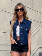 Women denim sleeveless jacket with flap pockets regular fit