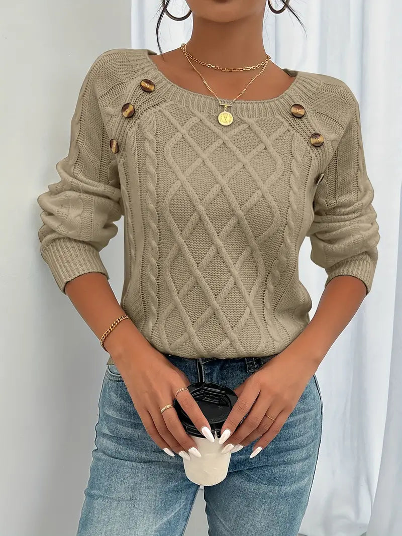 Women's winter cable knit pullover sweater with decorative button detail