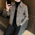 Men plaid shirt jacket relaxed fit button-up in grey and taupe