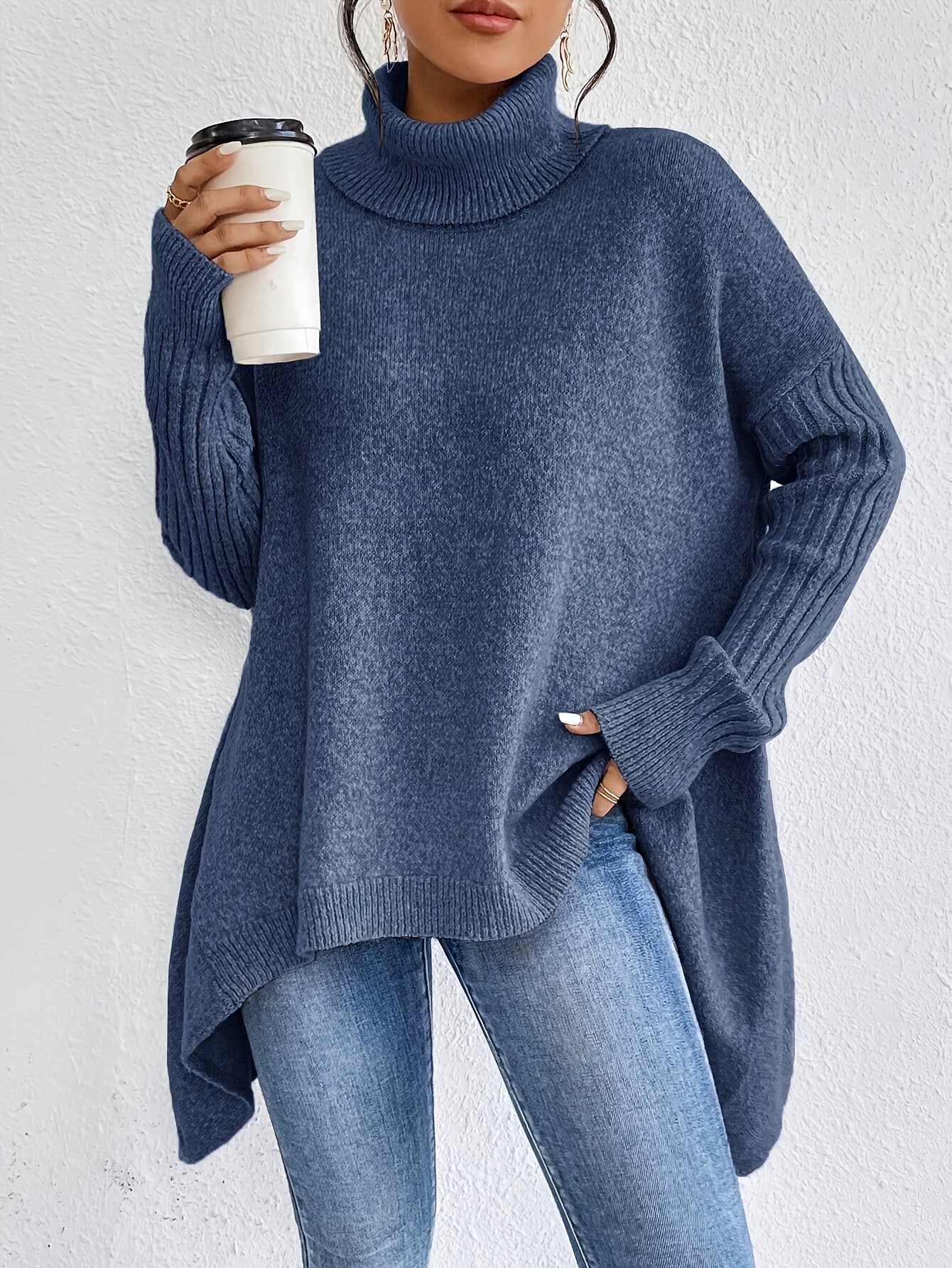 Women knit sweater high neck asymmetric hem relaxed fit