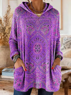 Women cotton blend hoodie ethnic print tunic length relaxed fit