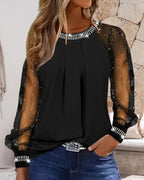Sequin Top Women Long Sleeve Round Neck Cotton Blend Mesh Blouse