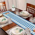 Oktoberfest table runner blue white diamond pattern with beer stein motifs, 33x183 cm