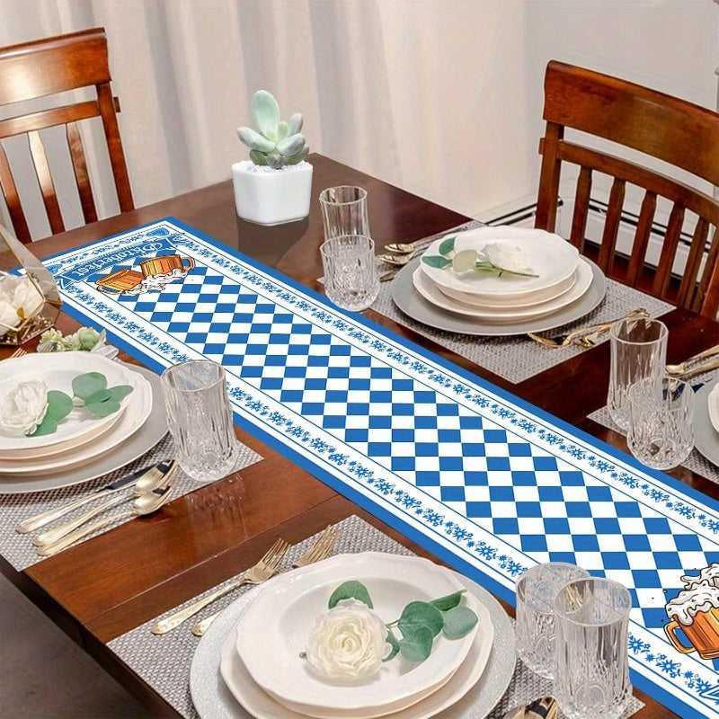 Oktoberfest table runner blue white diamond pattern with beer stein motifs, 33x183 cm