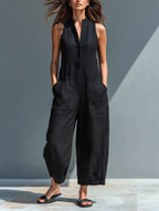 Women's linen jumpsuit sleeveless button-up stand collar loose fit