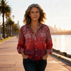 Women's cotton blouse with vintage print and long sleeves, relaxed fit summer shirt