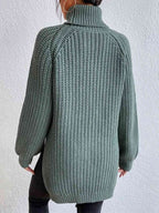 Women ribbed knit turtleneck sweater with side slit hem, autumn winter