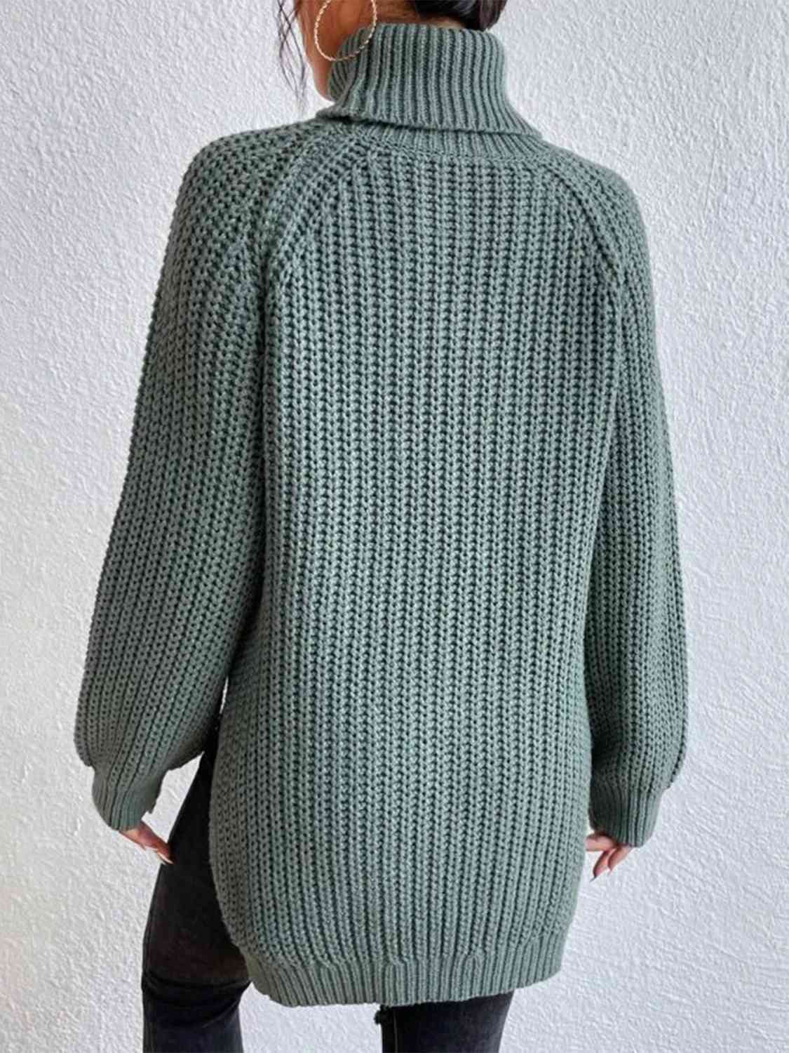 Women ribbed knit turtleneck sweater with side slit hem, autumn winter