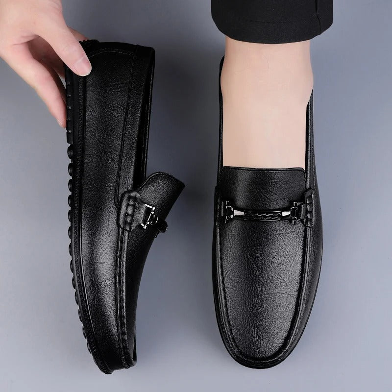 Men genuine leather loafers with metallic rope accent and cushioned insole