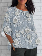 Women's vintage floral embroidery blouse loose relaxed fit in khaki and blue
