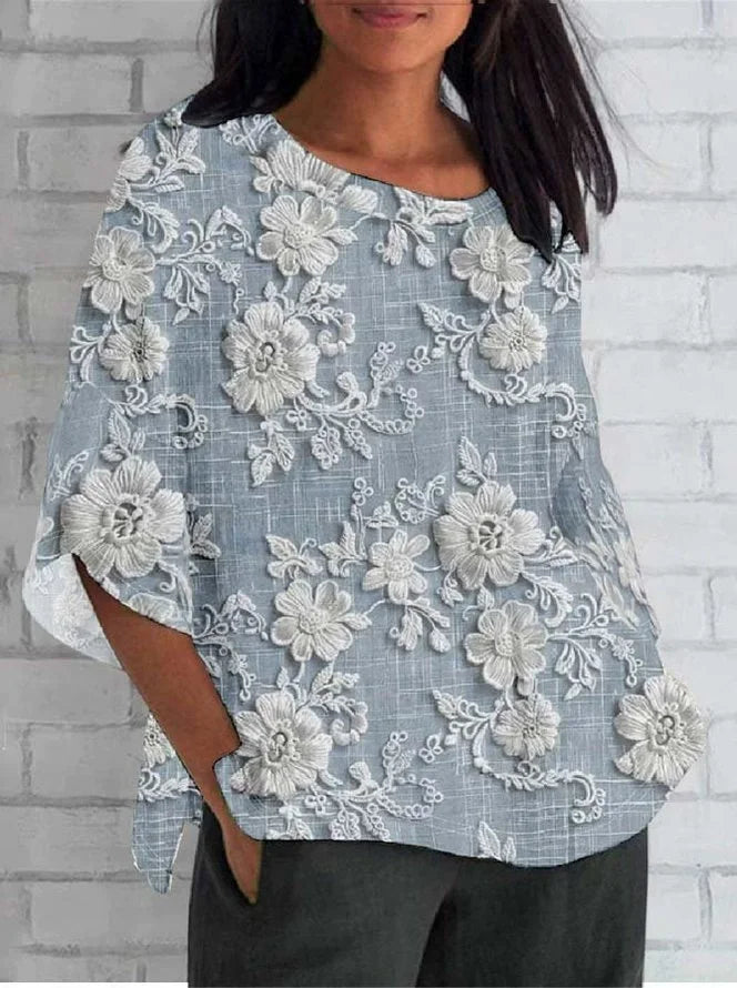 Women's vintage floral embroidery blouse loose relaxed fit in khaki and blue