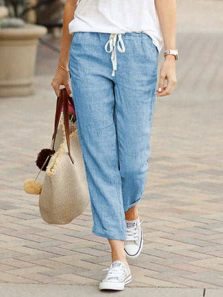 Women's relaxed fit trousers with drawstring waist, full length casual pants