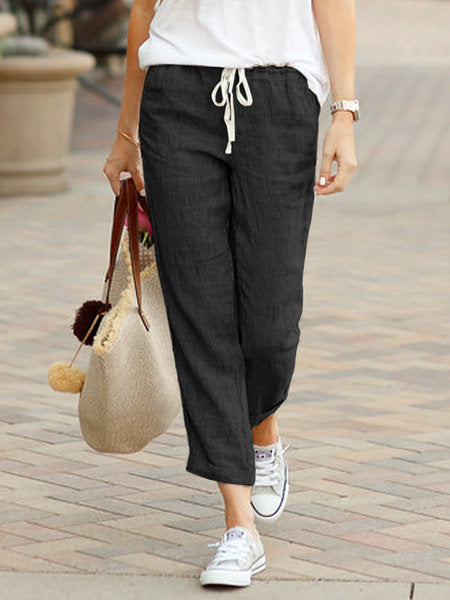 Women's relaxed fit trousers with drawstring waist, full length casual pants
